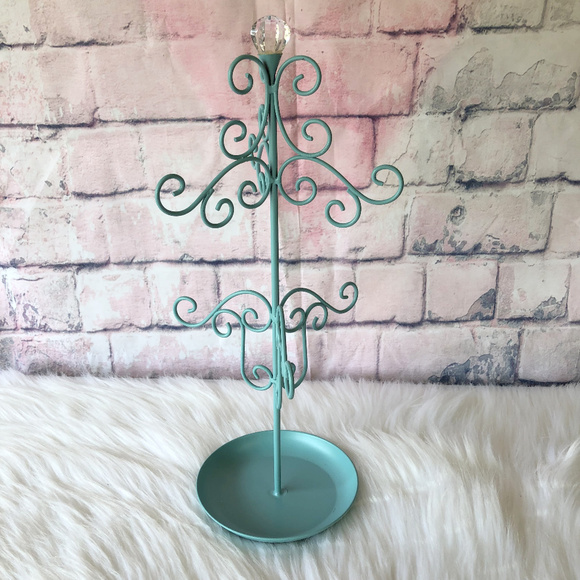 Other - Teal Blue Filigree Jewelry Tree Stand with Crystal